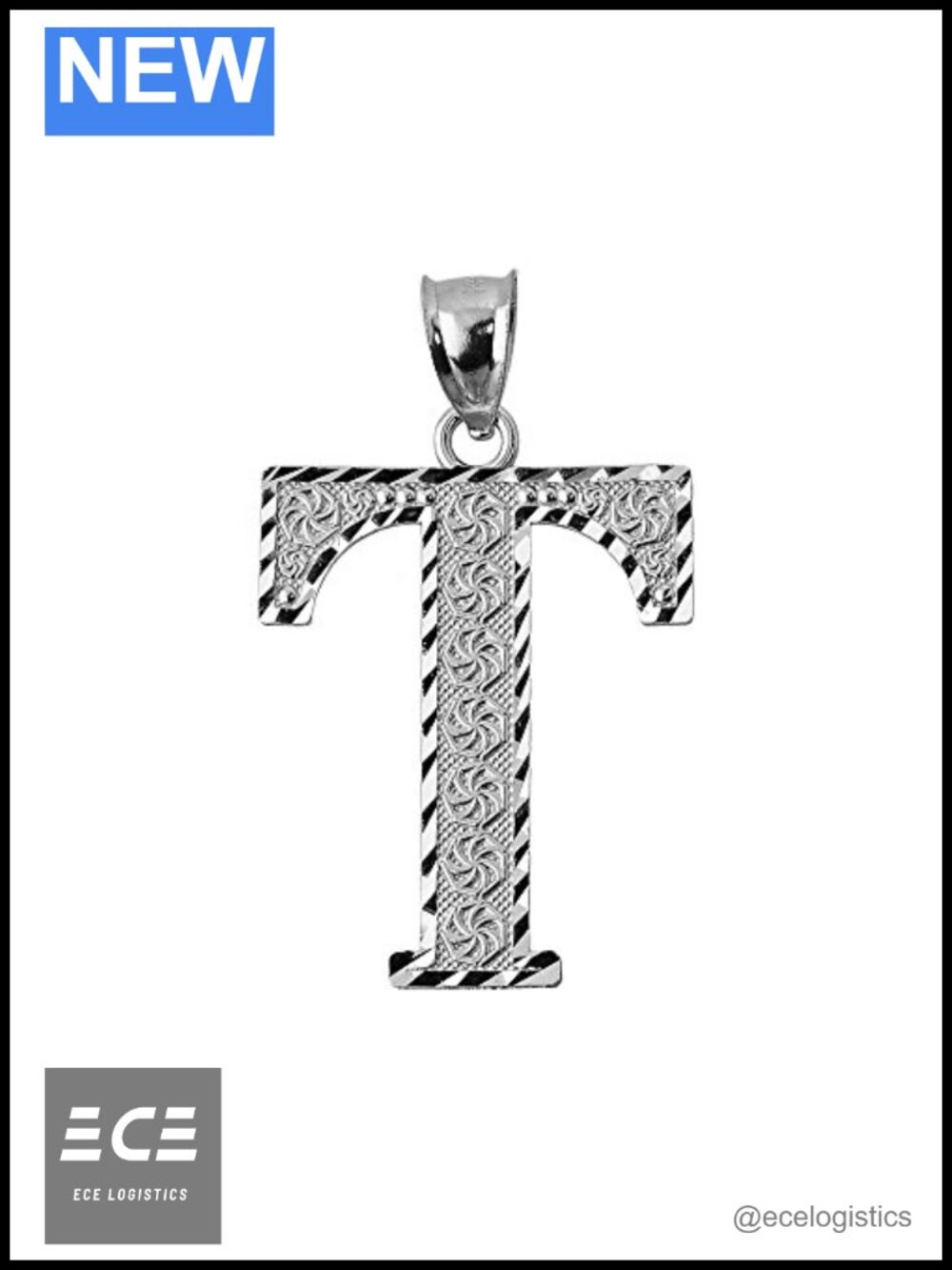925 Sterling Silver Initial Letter T Charm Pendant 1.25"